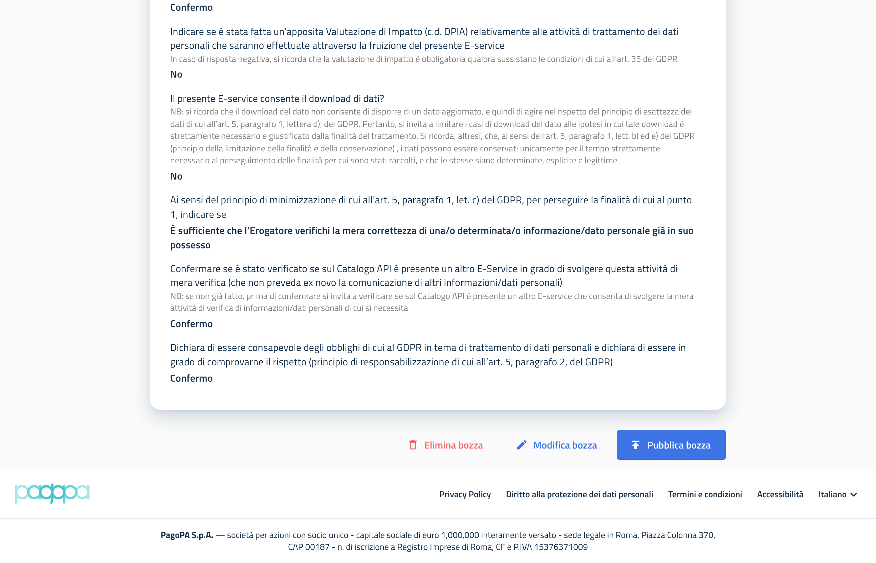La vista riassuntiva della bozza di finalità